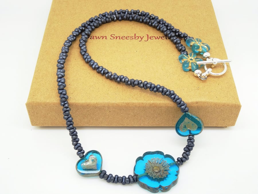 Czech Glass Necklace, Aqua blue Necklace, Grey Necklace, Pansy Necklace, Heart.