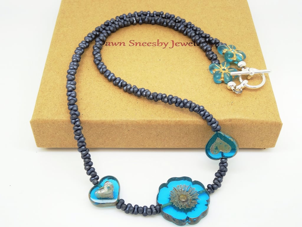 Czech Glass Necklace, Aqua blue Necklace, Grey Necklace, Pansy Necklace, Heart.