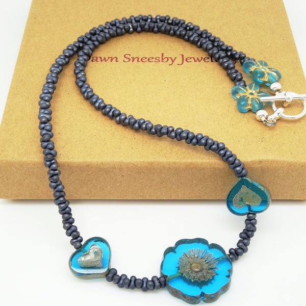 Czech Glass Necklace, Aqua blue Necklace, Grey Necklace, Pansy Necklace, Heart.