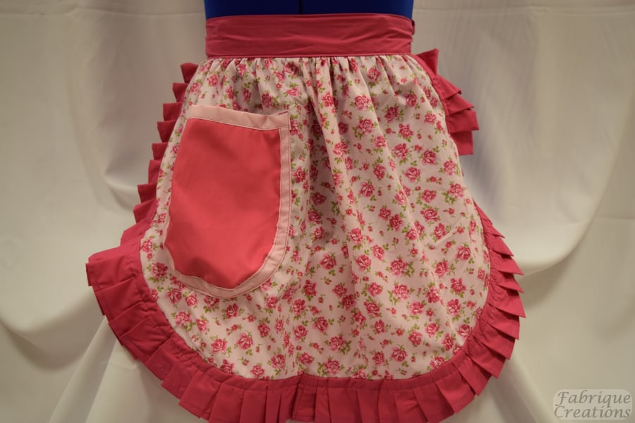 Vintage 50s Style Half Apron - Pink & White Roses with Pink Trim