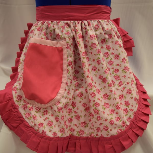 Vintage 50s Style Half Apron - Pink & White Roses with Pink Trim