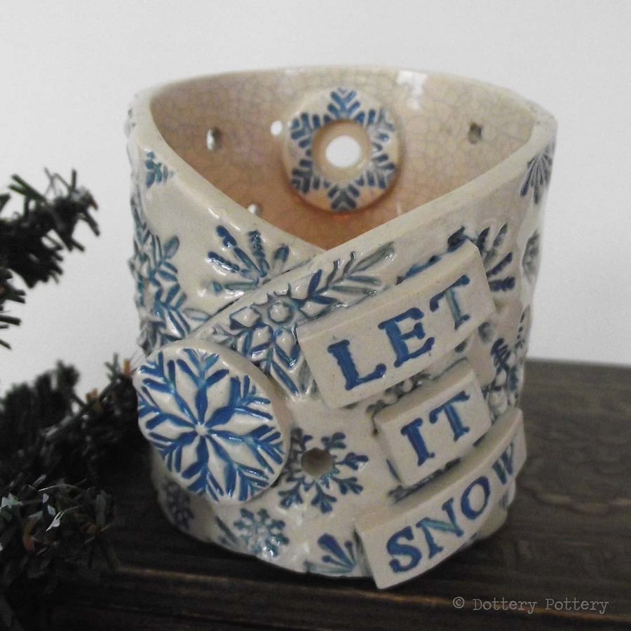 Ceramic candle holder pottery candle dish Let it Snow Christmas decoration 