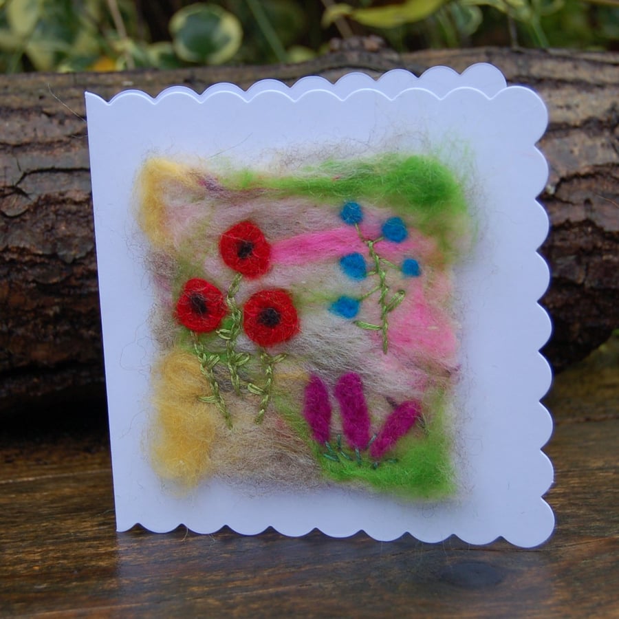 Birthday card, Hand Stitched Wild Flower Meadow, Needle felt wool card