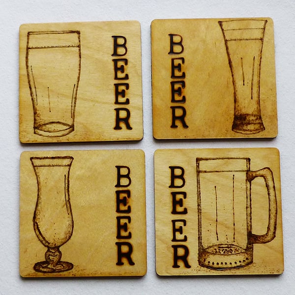 Coasters, beer, wooden, pyrography, set of four