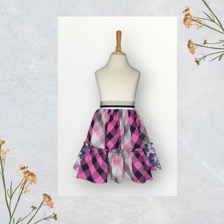 Mixed Check Skirt With Lurex Elastic Waist and Hem Frill With Embroidery. 3-5yrs