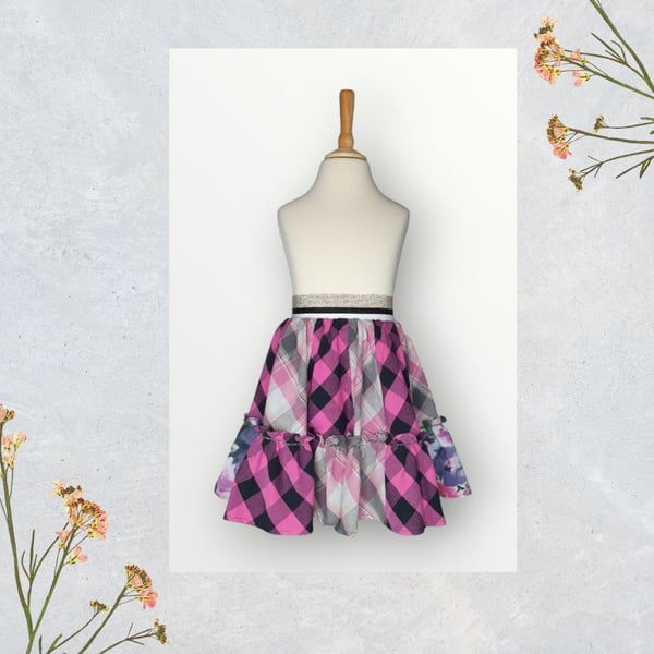 Mixed Check Skirt With Lurex Elastic Waist and Hem Frill With Embroidery. 2-5yrs