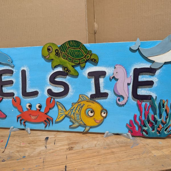 Personalised Children's Room Name Sign – Custom Wooden Sea Creature Wall Art
