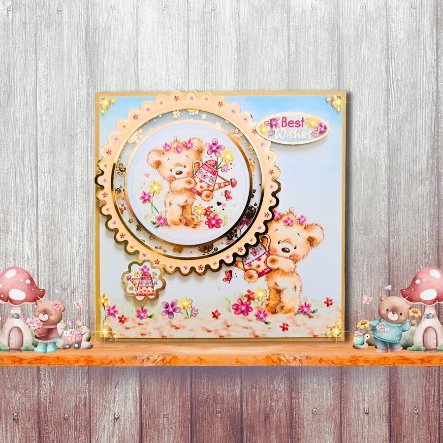 Best Wishes Handmade Greeting Card With A Teddy Bear, Blank Coordinating Insert