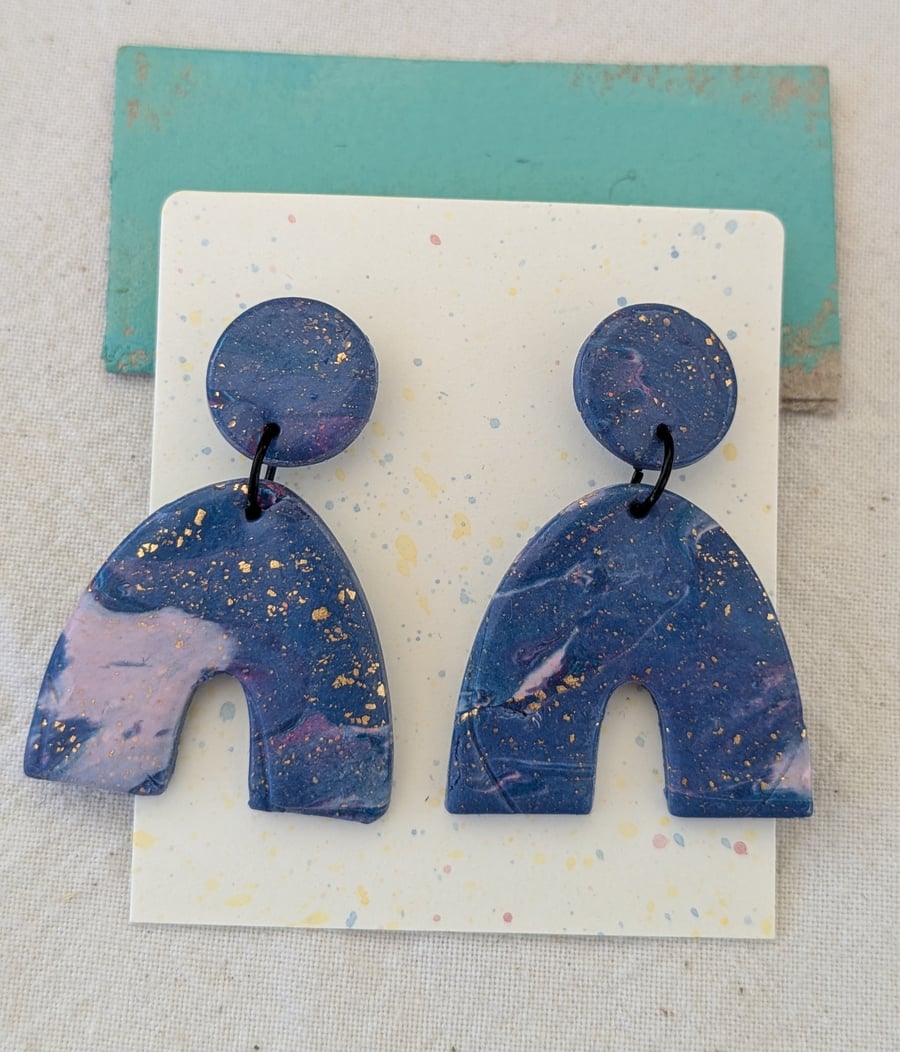 Large purple and gold flake polymer clay dangly earrings