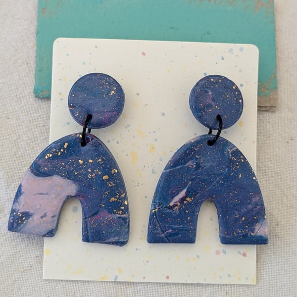Large purple and gold flake polymer clay dangly earrings