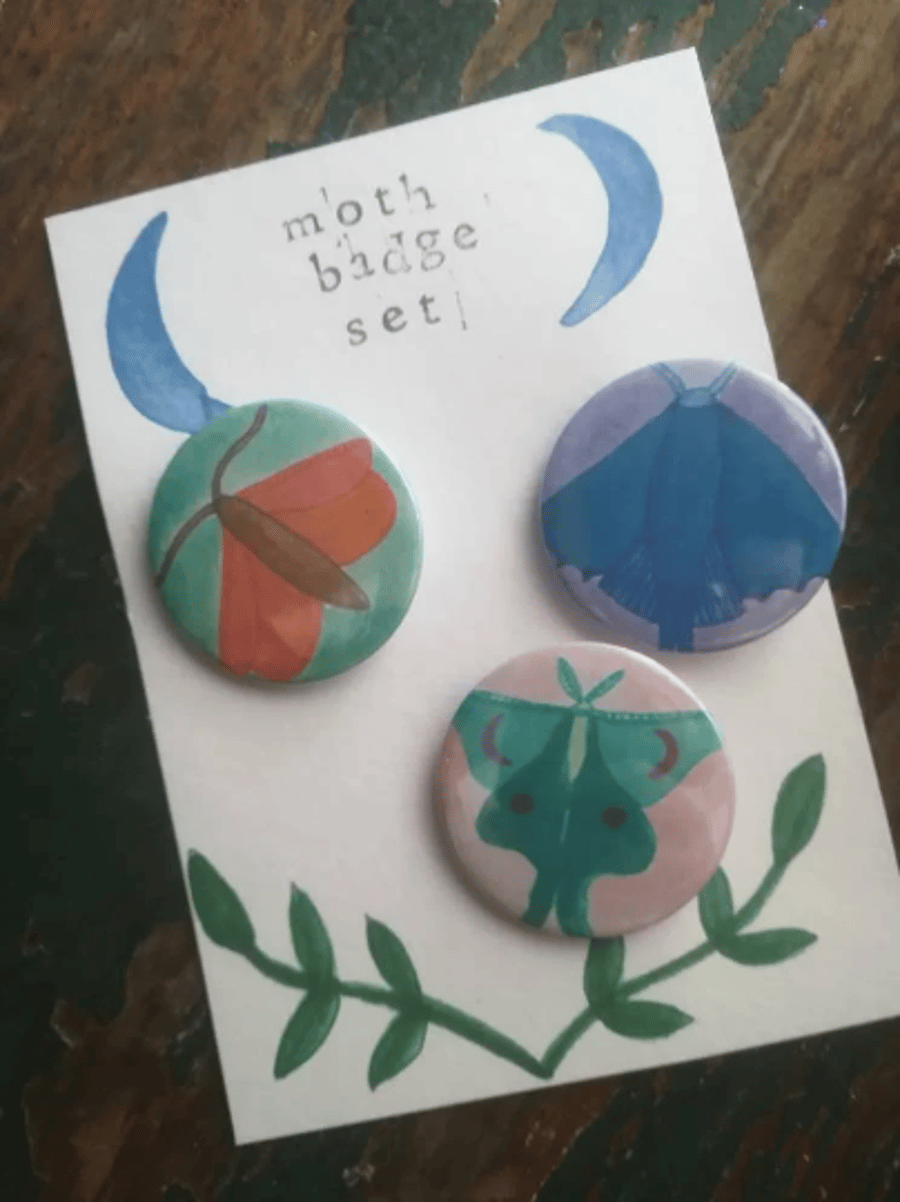 Set of 3 Moth Badges, art painting, moth painting
