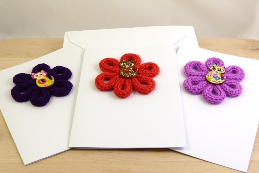 Set of 3 Knitted Flower Cards