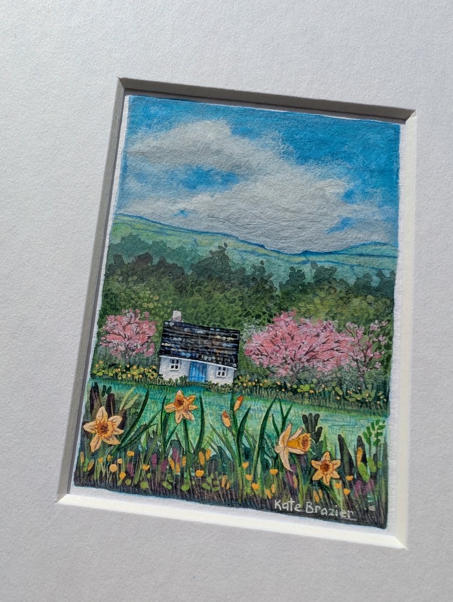Daffodil Cottage - Original miniature. A5 Mounted