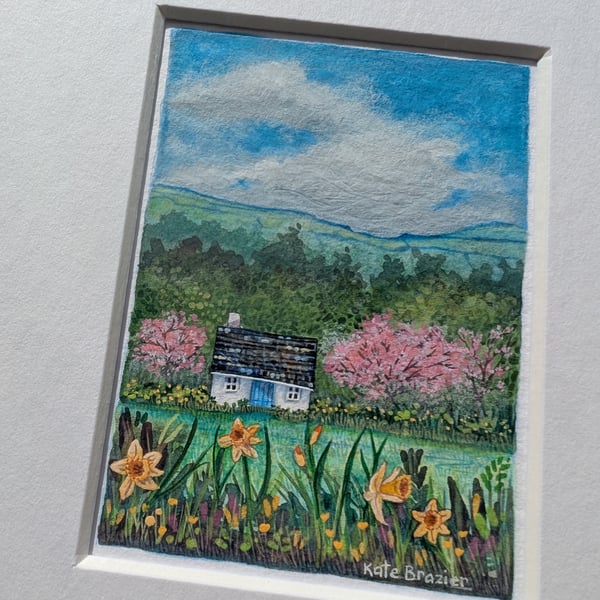 Daffodil Cottage - Original miniature. A5 Mounted