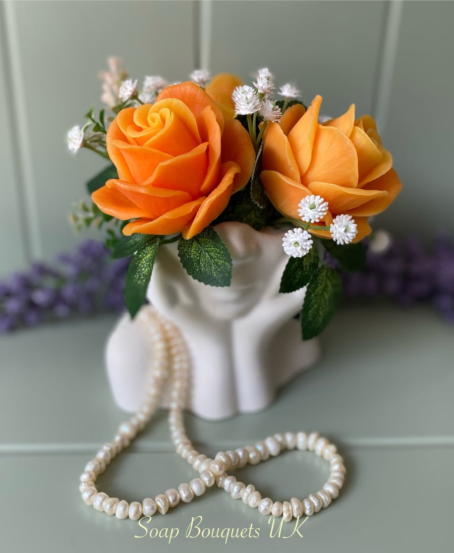 Solid Vegan Rose Soap Flowers Posy in Elegant Gypsum Vase - Unique Home Decor