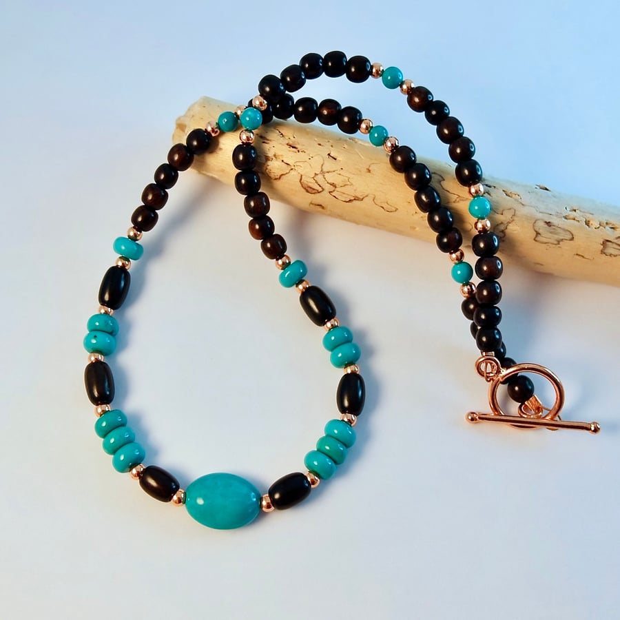 Turquoise & Tiger Ebony Necklace - December Birthday, Anniversary, Gifts For Her