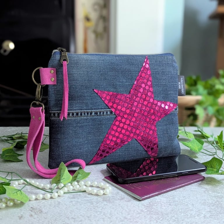 Recycled Denim Clutch Bag with Vibrant Pink Star and Detachable Suede Strap