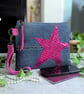 Recycled Denim Clutch Bag with Vibrant Pink Star and Detachable Suede Strap
