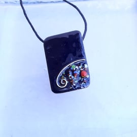 OBLONG, ENAMELLED COPPER PENDANT, DECO DESIGN WITH STERLING SILVER -NAVY