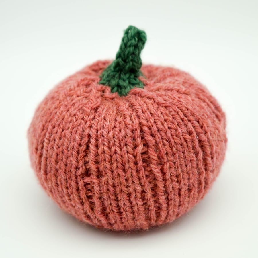 SOLD Hand knitted pumpkin pin cushion Peach Green