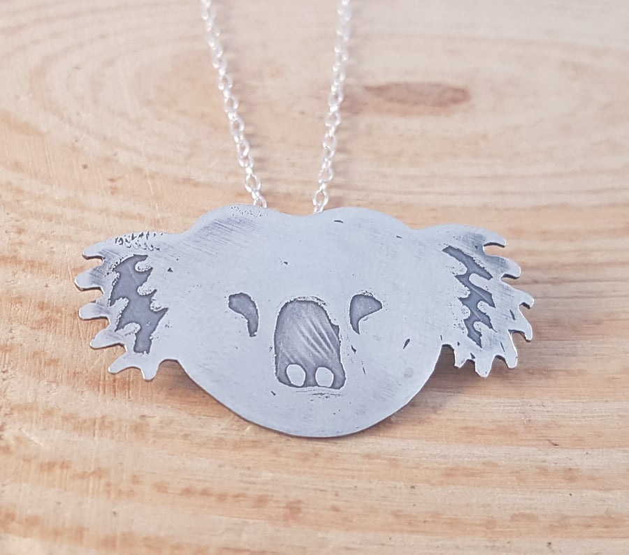 Sterling Silver Etched Koala Face Necklace