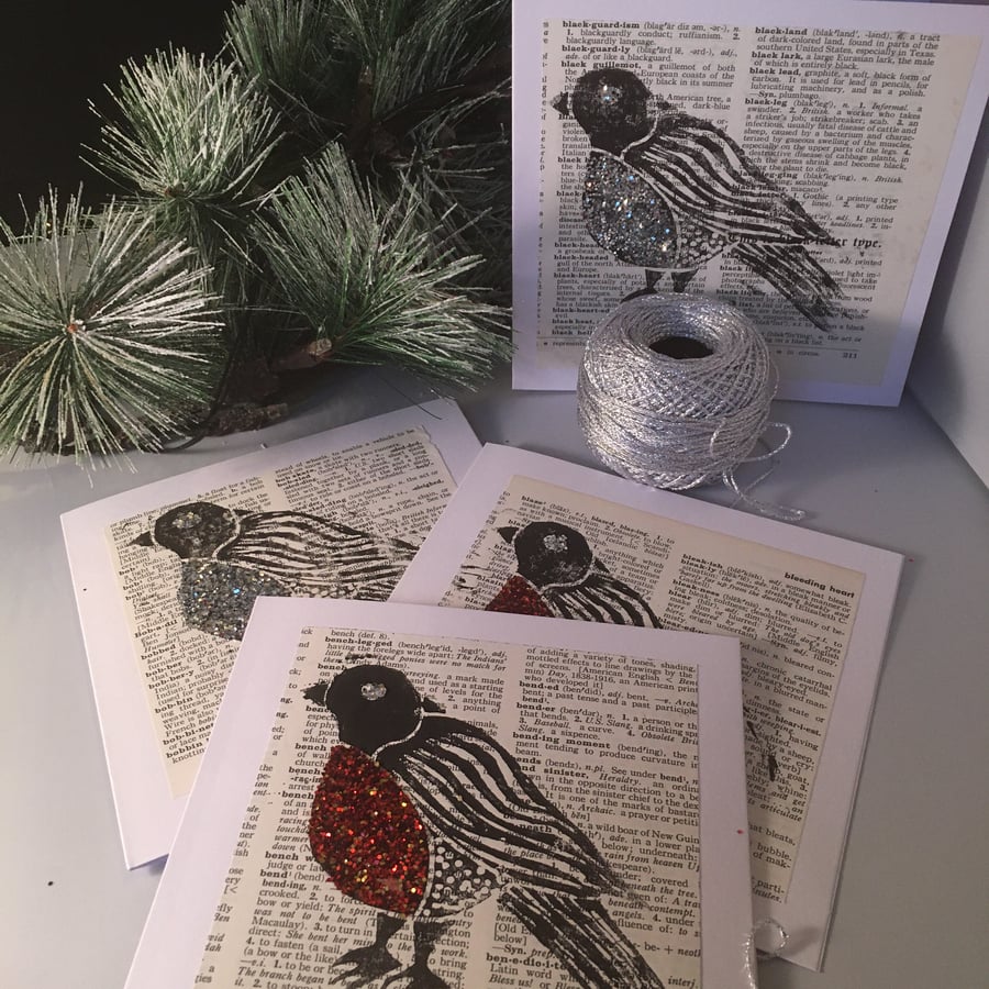 3 x Cheeky Robin Christmas Card, handprinted on vintage book paper