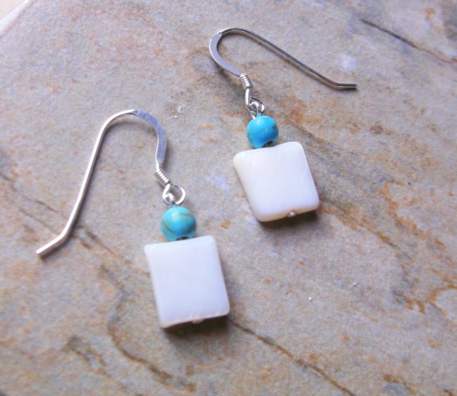 Grade A Ivory Freshwater Cultured Pearl Rectangles with Turquoise Drop Earrings