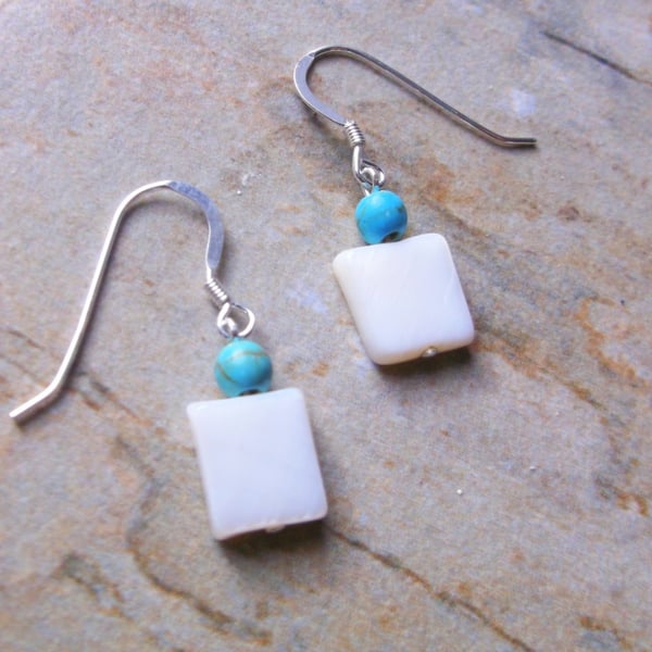 Grade A Ivory Freshwater Cultured Pearl Rectangles with Turquoise Drop Earrings