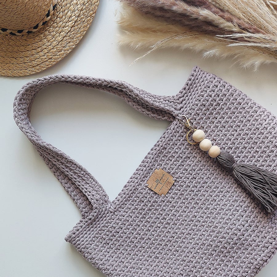 Grey Crochet Shoulder Tote Bag