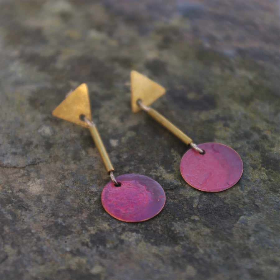  Red and Golden Geometric Dangle Earrings