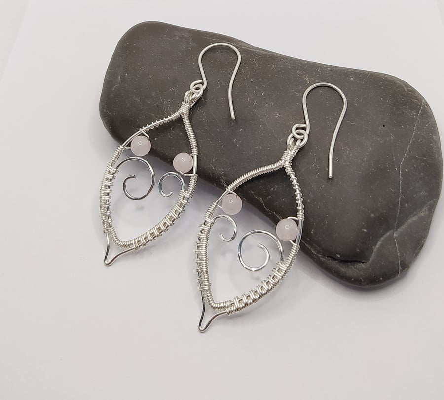 Leaf Shaped Wire Wrapped Swirly Drop Earrings With Rosequartz