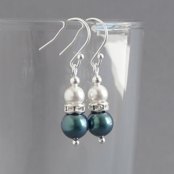 Dark Green Pearl and Crystal Earrings - Teal Drop Earrings - Aquamarine Wedding