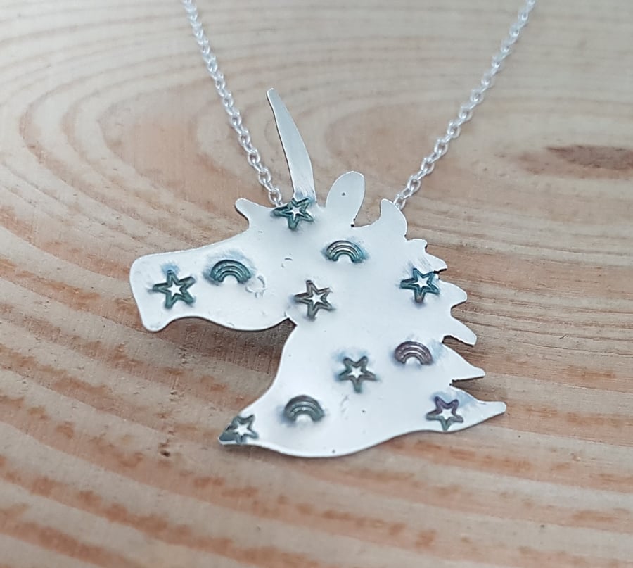 Sterling Silver Star and Rainbow Stamped Unicorn Necklace