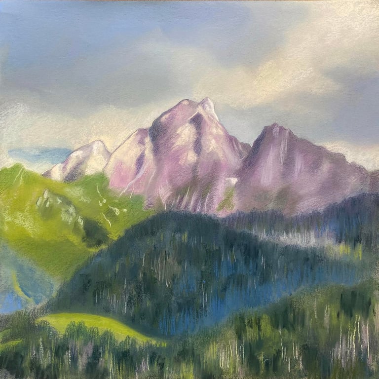 Swiss Mountain landscape - pastel drawing, Switzerland, mountains, Chateau-d'Oex