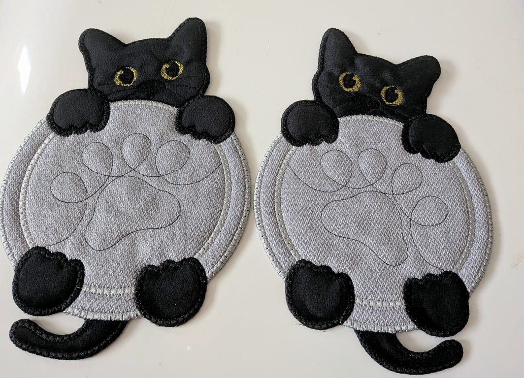 Pair of Handmade Black Cat Table Mats Embroidery and Applique 