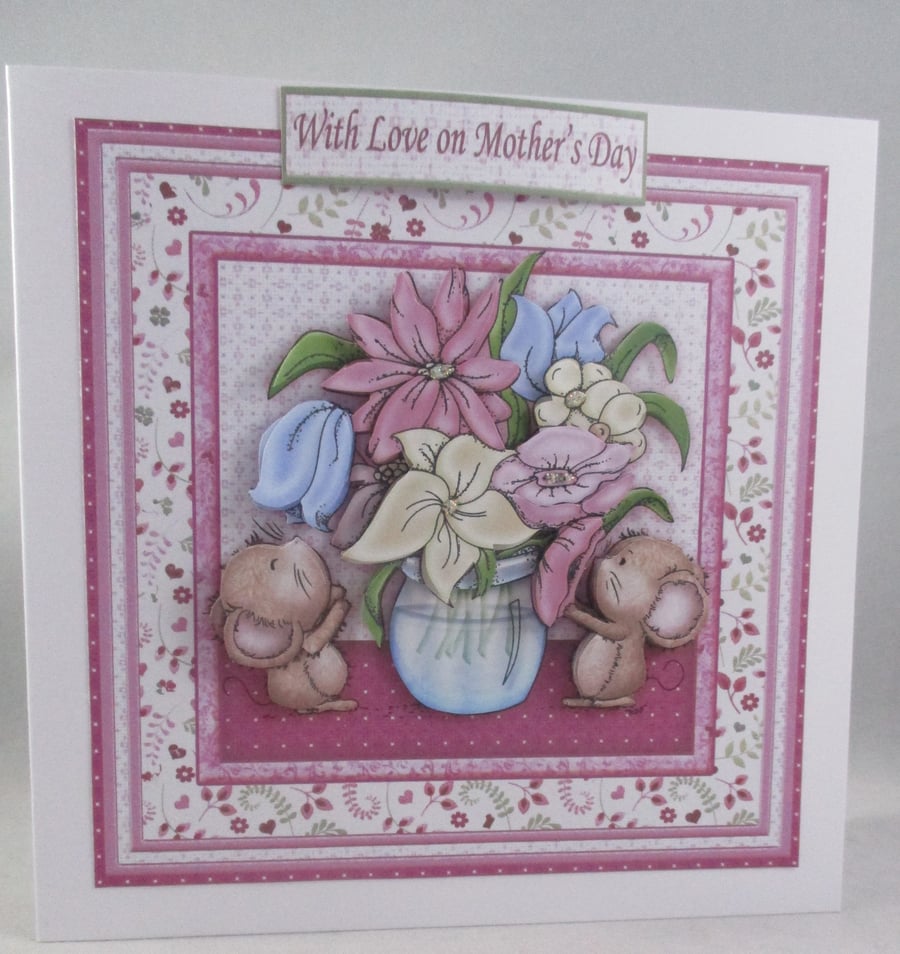 Mothers Day, cute mice greeting card,flowers,3D, Decoupage