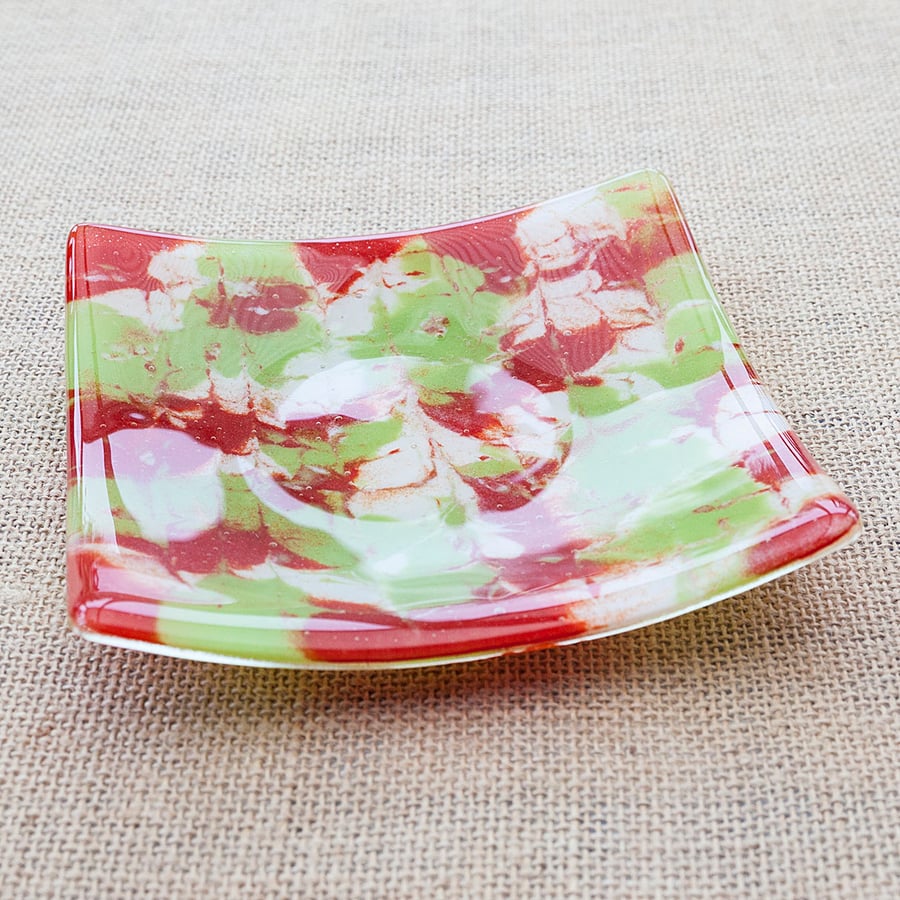 Marbled Red, Green and White Fused Glass Decorative Plate