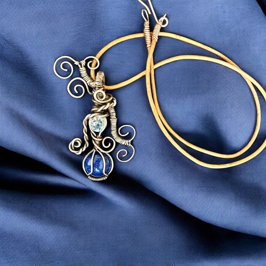 Oxidised Copper Pendant, Lapis Lazuli Cabochon & Cubic Zirconia - Gift Boxed