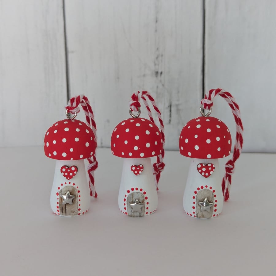 Trio of Christmas Toadstools- Tiny Wooden Hanging Christmas Decorations 