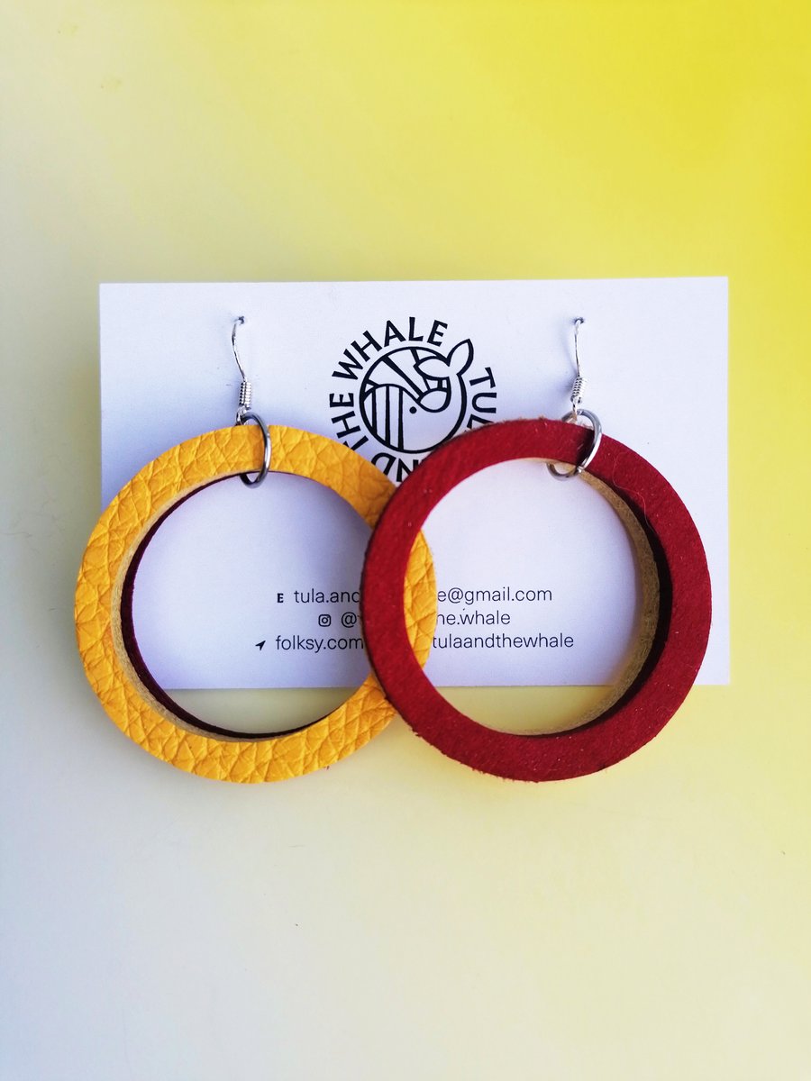 Colour Duo Leather Hoop Earrings - Red & Yellow Large