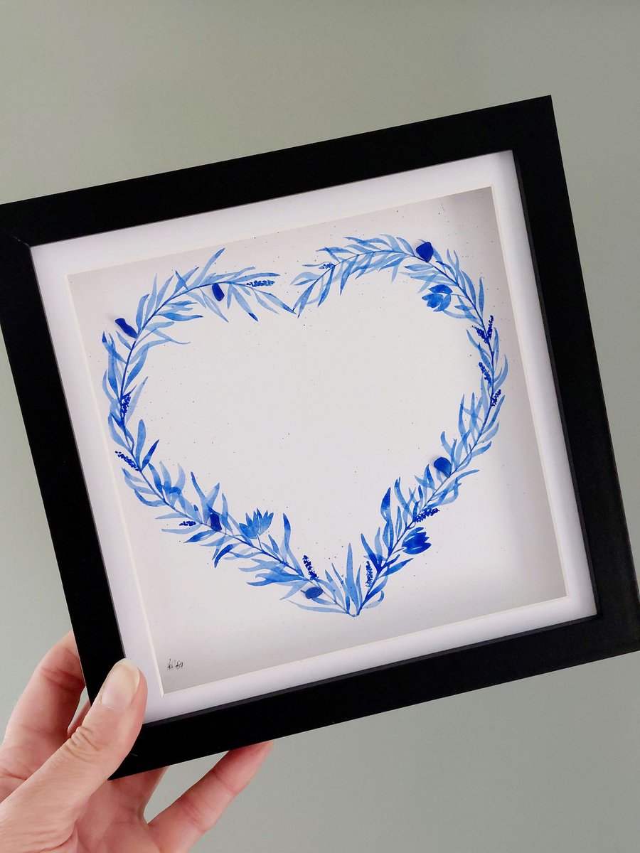 Blue Sea Glass Watercolour Flower Heart Picture - Framed Wall Art
