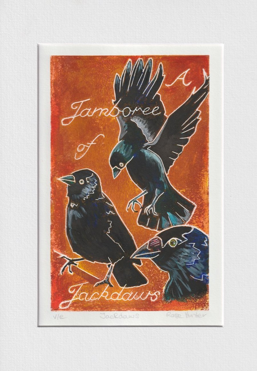 A Jamboree of Jackdaws - 002 original hand painted Lino print
