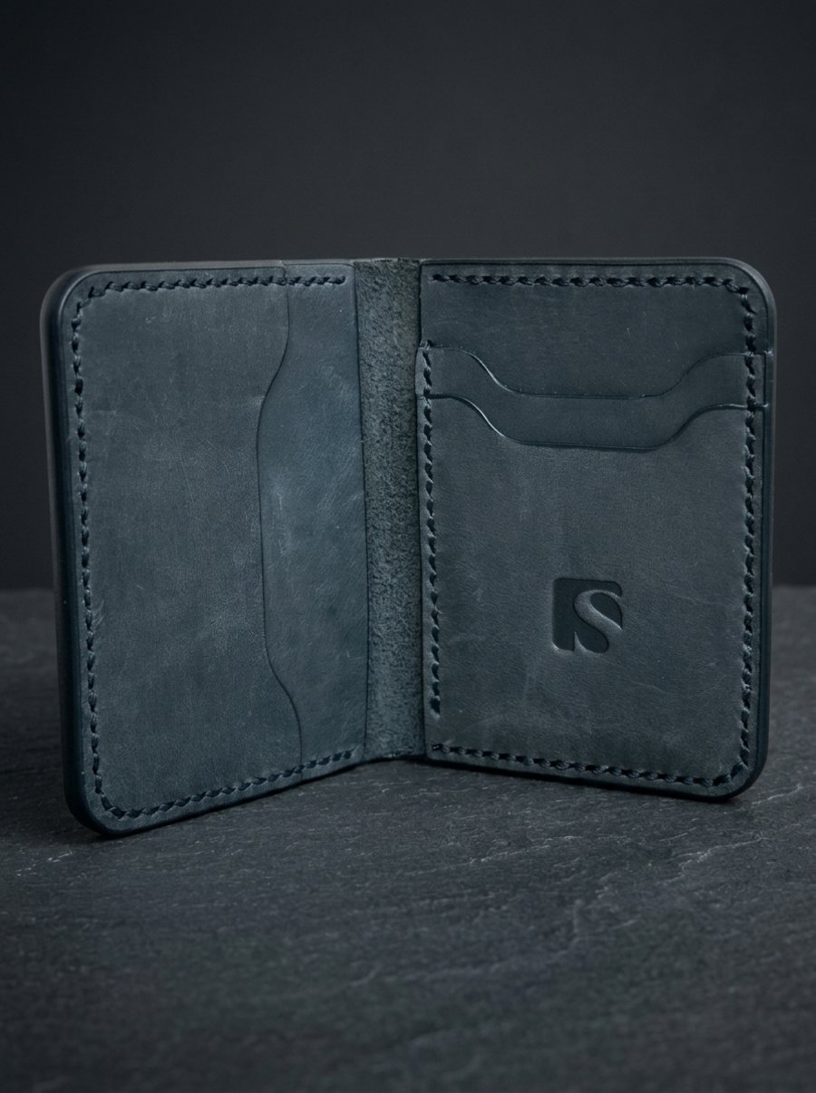 Black Mini Full Grain Leather Wallet Compact Bifold Front Pocket Wallet UK
