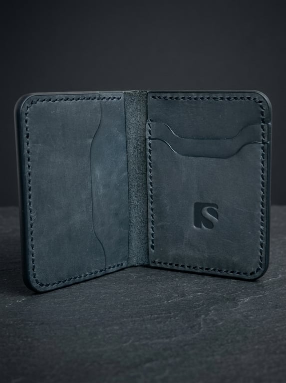 Black Mini Full Grain Leather Wallet Compact Bifold Front Pocket Wallet UK