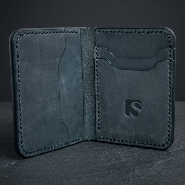 Black Mini Full Grain Leather Wallet Compact Bifold Front Pocket Wallet UK