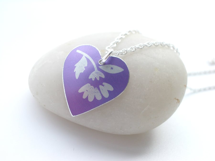 Thistle heart pendant necklace in purple