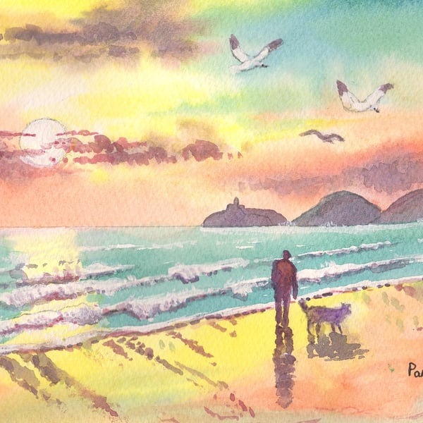 Tranquil Stroll, Swansea Bay, Mumbles, Original Watercolour in 14 x 11'' Mount