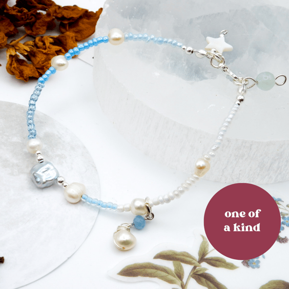 Pearl Bracelet - Pastel Blue Beaded Freshwater Pearl Celestial Bracelet 