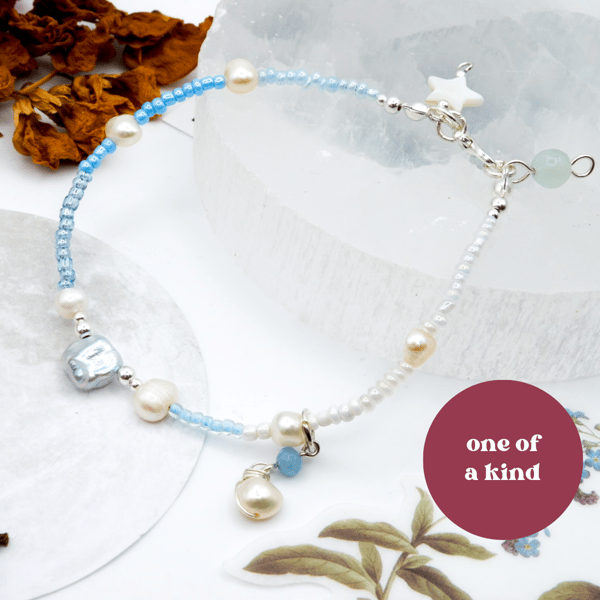 Pearl Bracelet - Pastel Blue Beaded Freshwater Pearl Celestial Bracelet 
