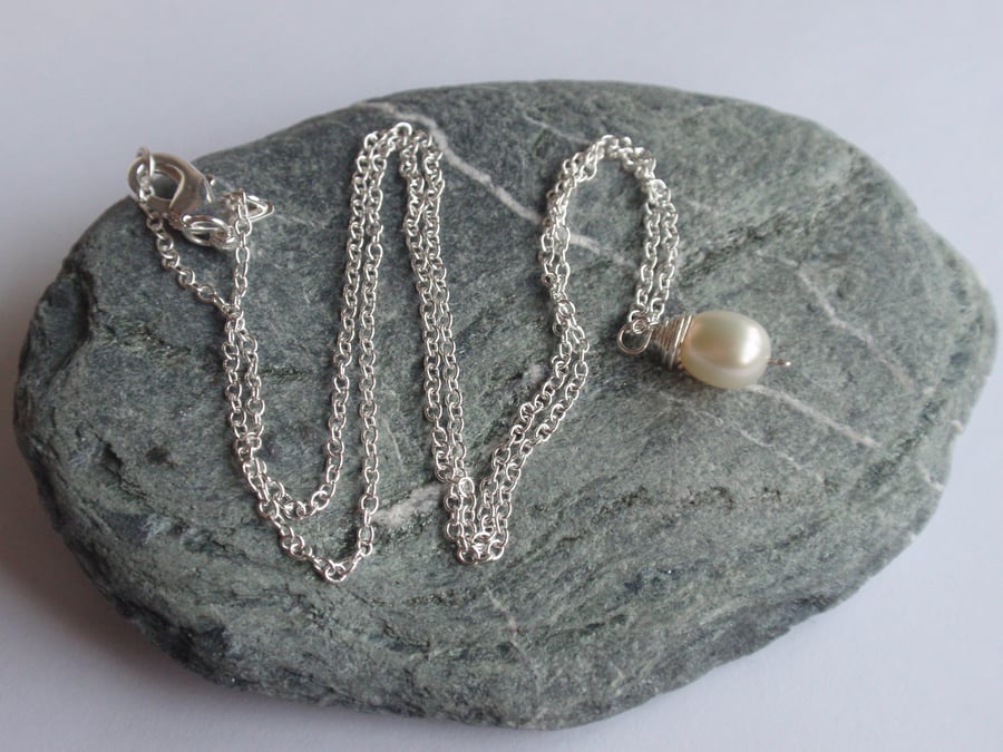 Pearl necklace wrapped with sterling silver wire, bridesmaids gift or bridal